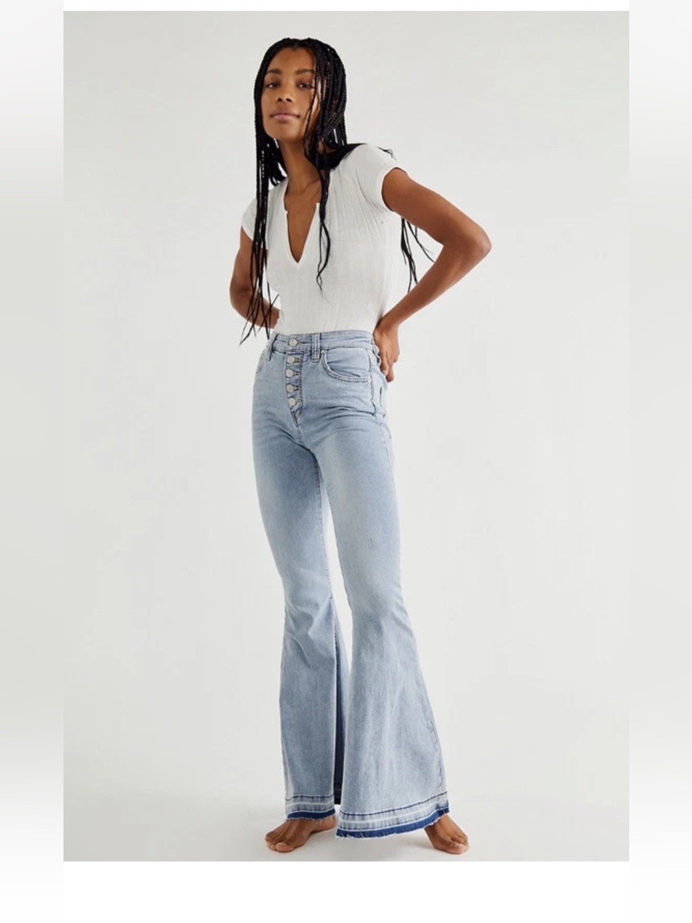 We The Free IRREPLACEABLE Kent Blue Flare Raw Hem Button Fly Jeans 29